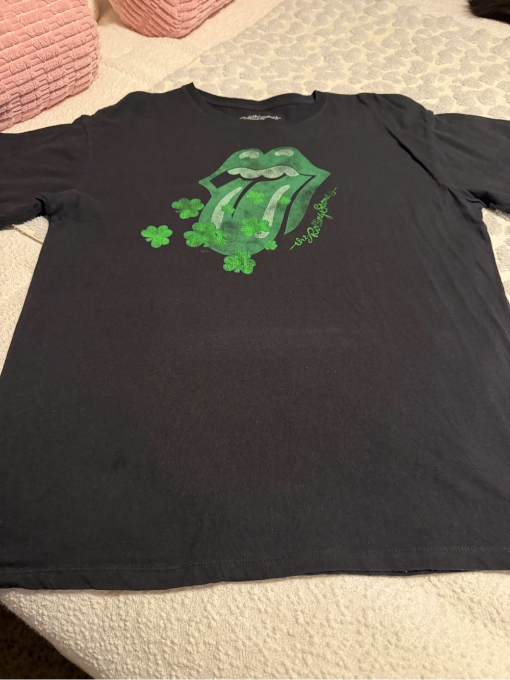 the Rolling Stones Black Short-Sleeve Tee with Green Tongue & Shamrocks